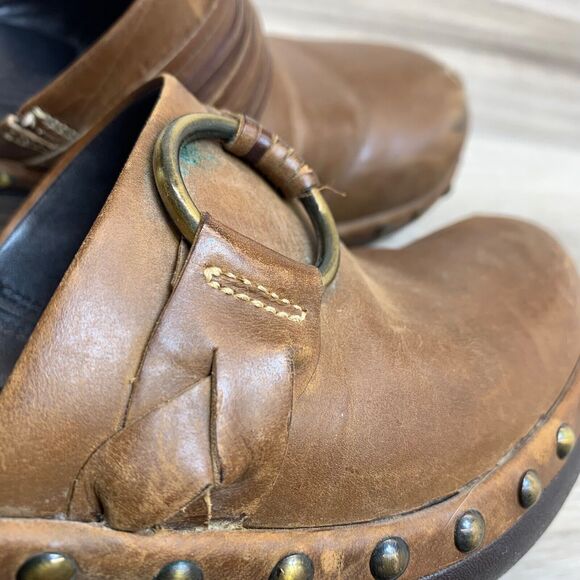 Ecco Leather Studded Slip On Size 6 EU 37 Mules Clogs Chunky Strap Boho Brown - Picture 12 of 14